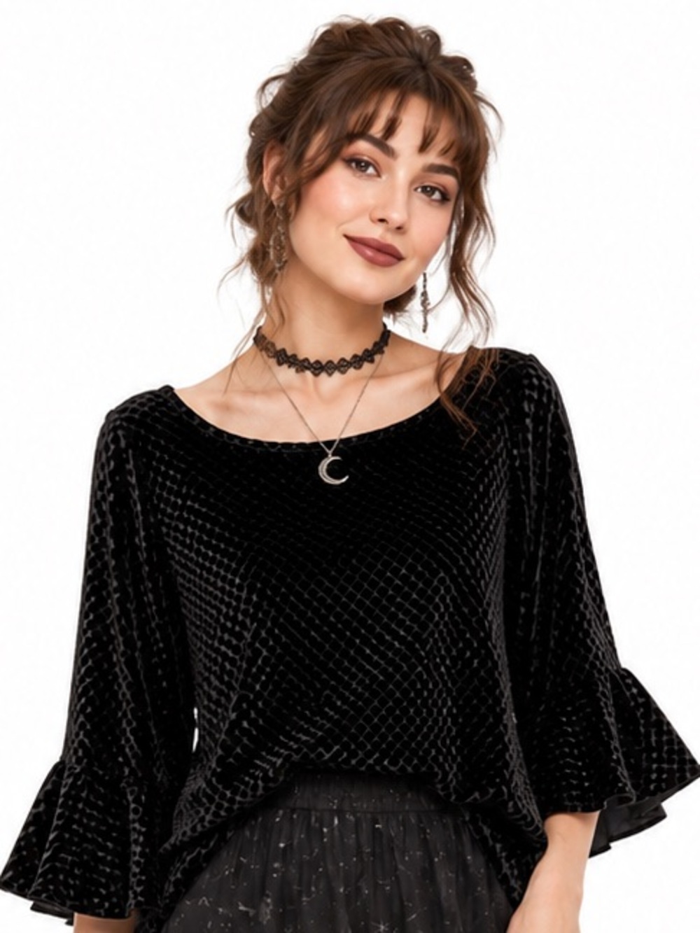 Black Velvet Velour Top with Burnout Design & Bell Sleeves Whimsigoth Witchy